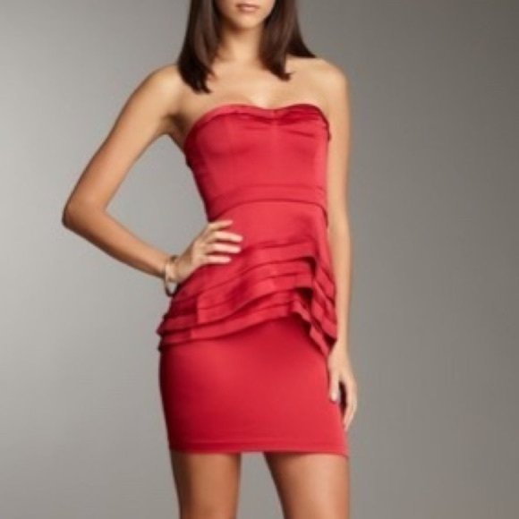 BCBGMaxAzria Aurelia Red Satin Ruffled Sweetheart Strapless Mini Dress Size 0 - Picture 3 of 8